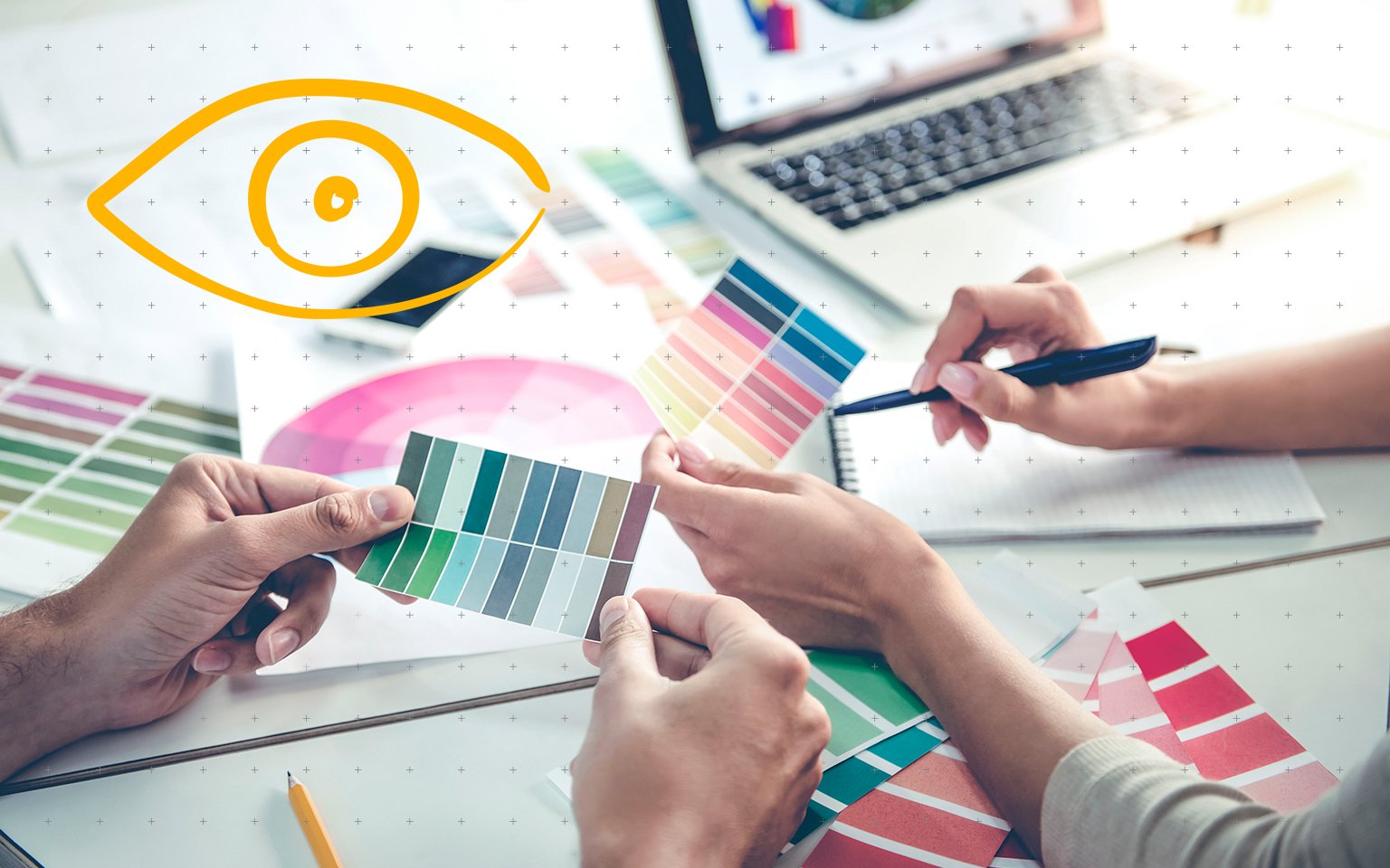 overhead shot of people working with colour charts