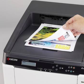 Eco-friendly toner colour pages being retrieved from a Kyocera printer