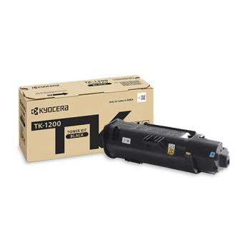 Empty toner recycling free for customers black TK-1200 toner next to box on a white background